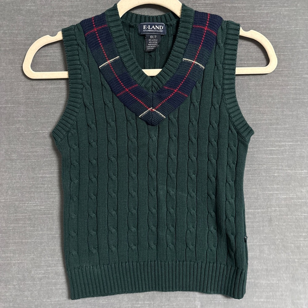 E LAND Sweater Vest 6X/7 Green Cotton Cable Knit Plaid Preppy Holiday Christmas
